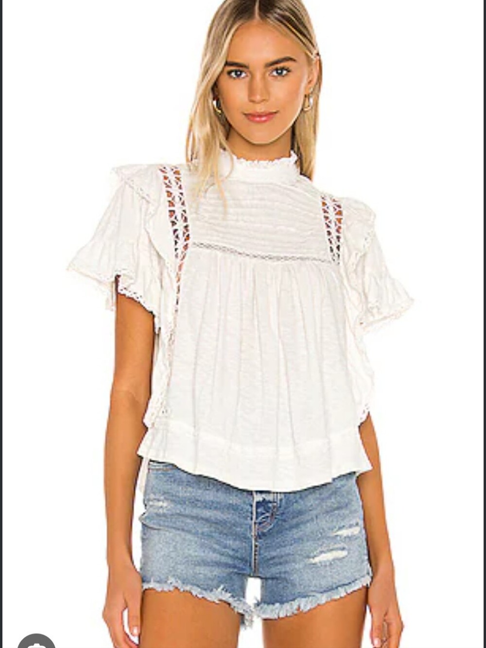 Free People White Lace-Trim Flutter Sleeve Women's Top